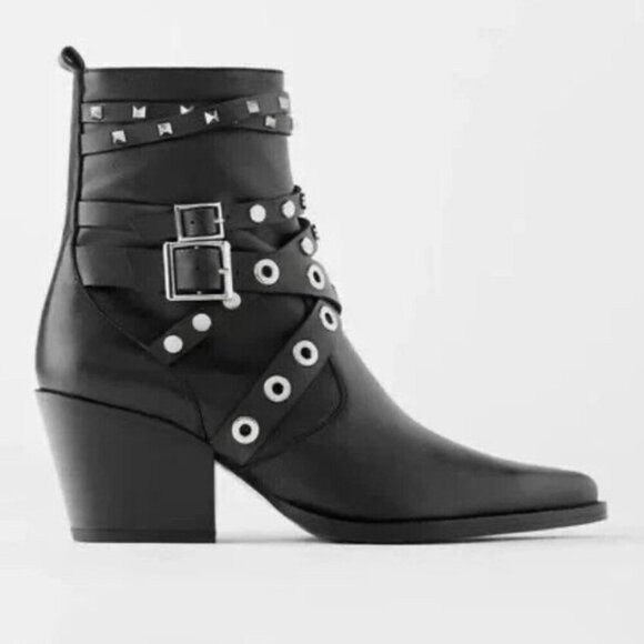 Zara Black Studded Leather Heeled Ankle Size 6 - Picture 1 of 14